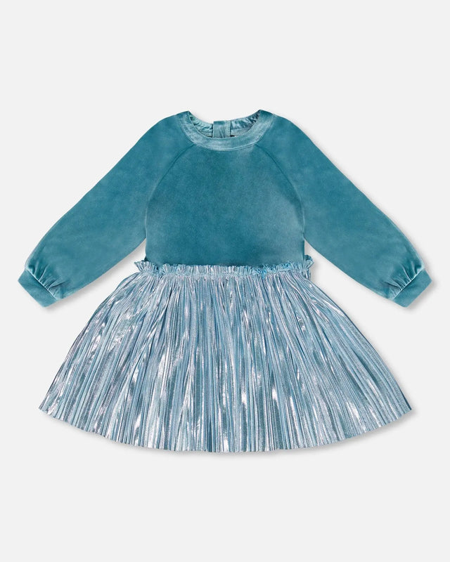 Bi-Material Long Sleeve Dress Blue Frost | Deux par Deux | Jenni Kidz