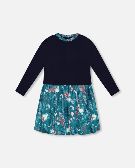 Bi-Material Long Sleeve Dress Turquoise Printed Fairy Unicorn | Deux par Deux | Jenni Kidz