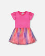 Bi-Material Shiny Rib And Mesh Dress Fuchsia With Printed Rainbow Heart | Deux par Deux | Jenni Kidz