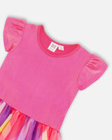 Bi-Material Shiny Rib And Mesh Dress Fuchsia With Printed Rainbow Heart | Deux par Deux | Jenni Kidz