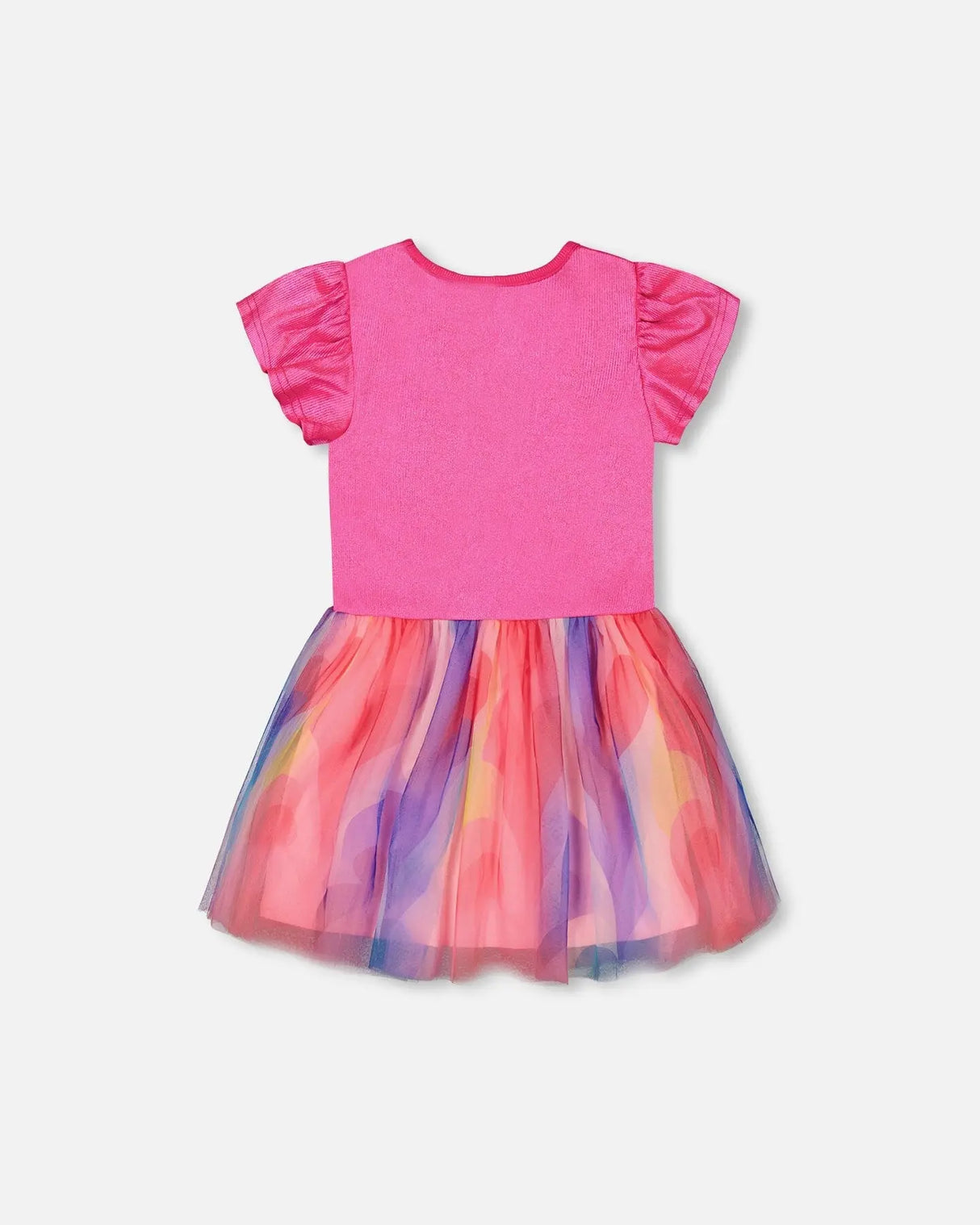 Bi-Material Shiny Rib And Mesh Dress Fuchsia With Printed Rainbow Heart | Deux par Deux | Jenni Kidz