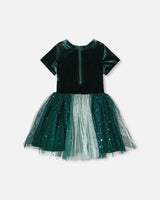 Bi-Material Short Sleeve Party Dress Forest Green | Deux par Deux | Jenni Kidz