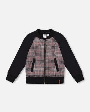 Bi-Material Zip Front Jacket Gray And Black Plaid | Deux par Deux | Jenni Kidz