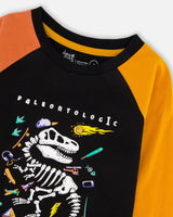 Black Long Sleeve Raglan T-Shirt With Glow-In-The-Dark Dinosaur Print | Deux par Deux | Jenni Kidz