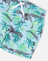 Close-up of waistband and drawstring on blue skeleton print swim shorts