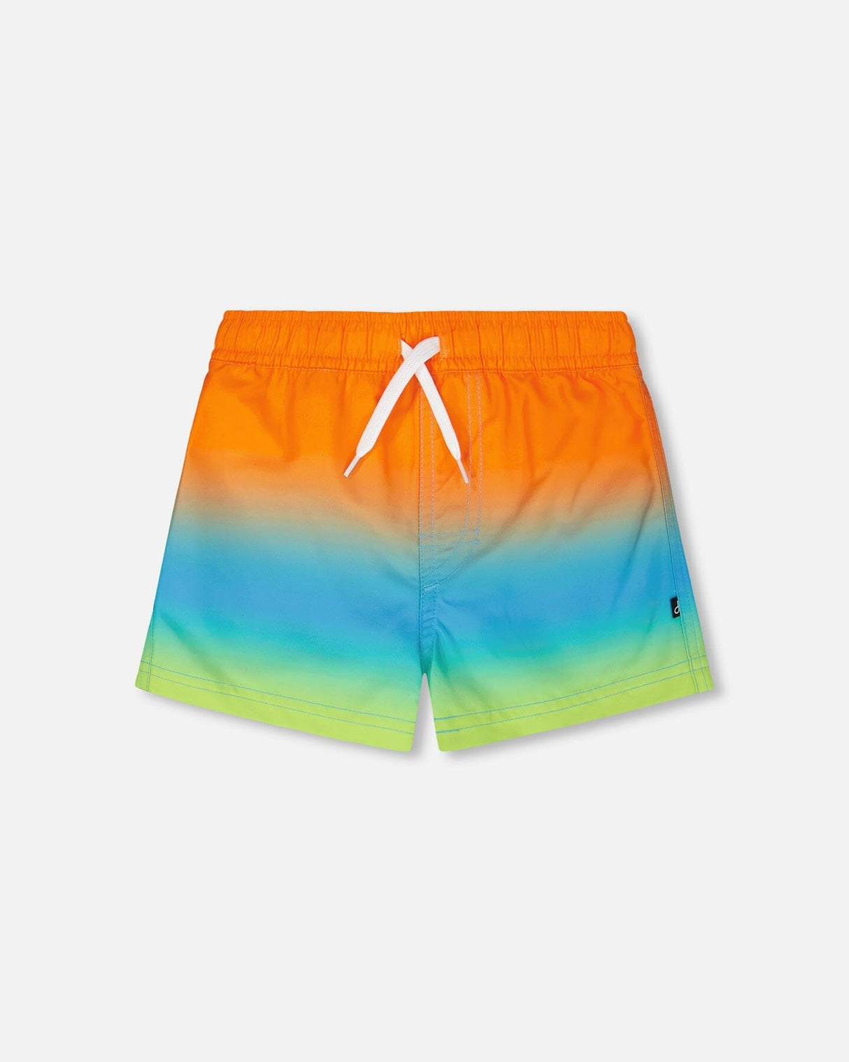 Front flat lay of Deux par Deux baby and boy boardshorts in orange blue green gradient