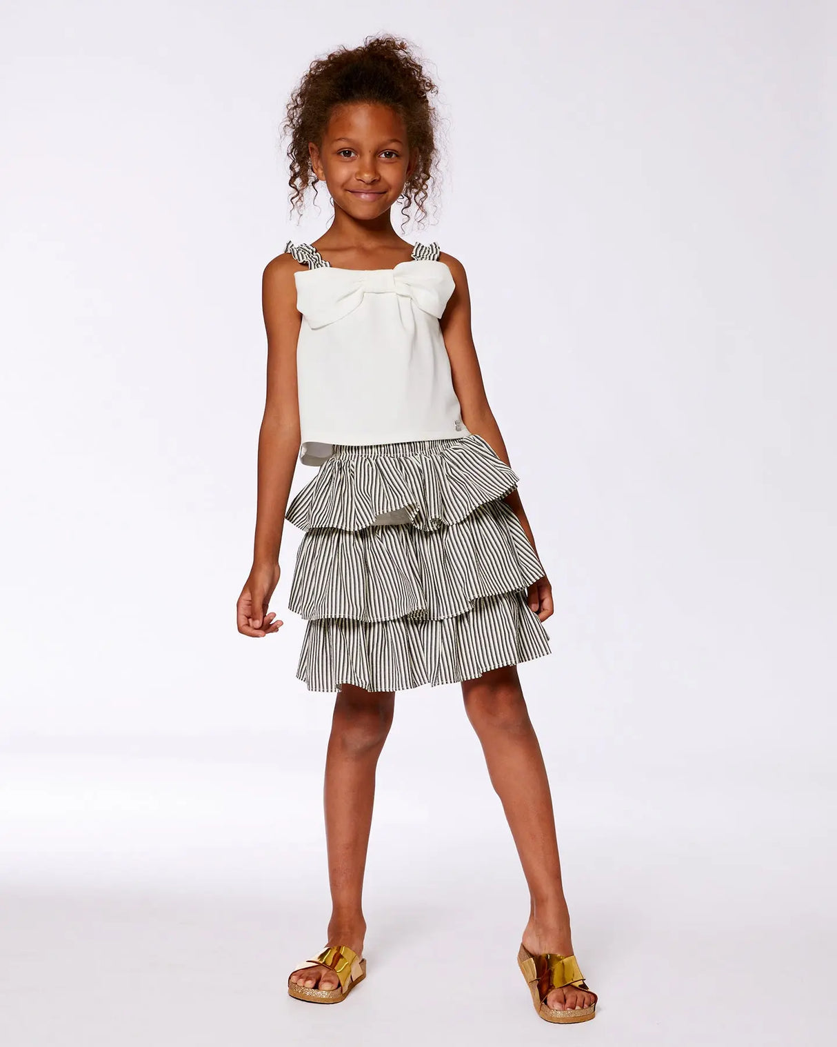 Bow Top And Ruffled Skirt Set White And Black Striped | Deux par Deux | Jenni Kidz