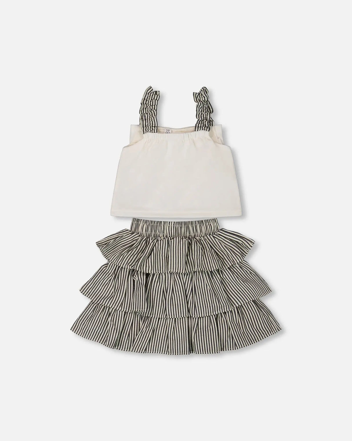 Bow Top And Ruffled Skirt Set White And Black Striped | Deux par Deux | Jenni Kidz