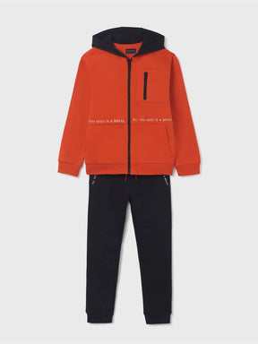 Front product view of Mayoral boys Oxido orange hoodie and navy jogger pants tracksuit set.