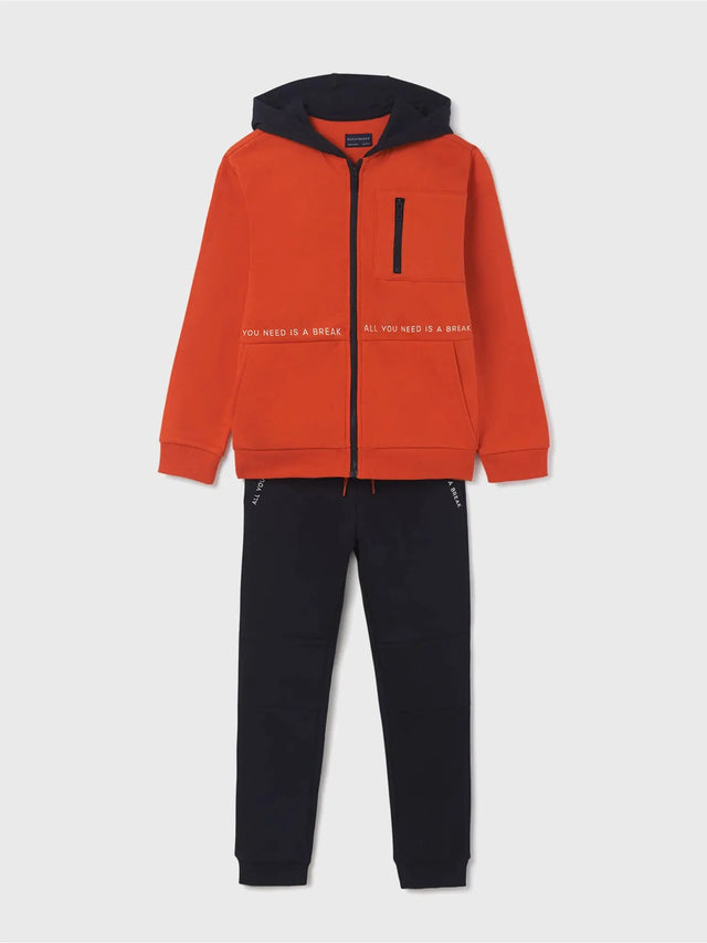 Front product view of Mayoral boys Oxido orange hoodie and navy jogger pants tracksuit set.