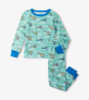 Hatley boys Helicopters cotton pajama set in aqua with blue trim, long sleeves, and matching pants.