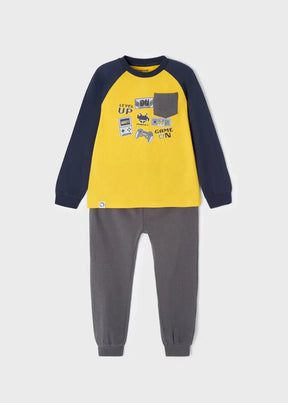 Mayoral boys yellow graphic pajama set with navy raglan sleeves, gray pants, and soft cotton stretch fabric.