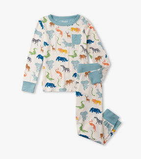 Hatley boys bamboo pajama set in Ivory with Scratchy Safari animal print, long sleeves, and matching pants.