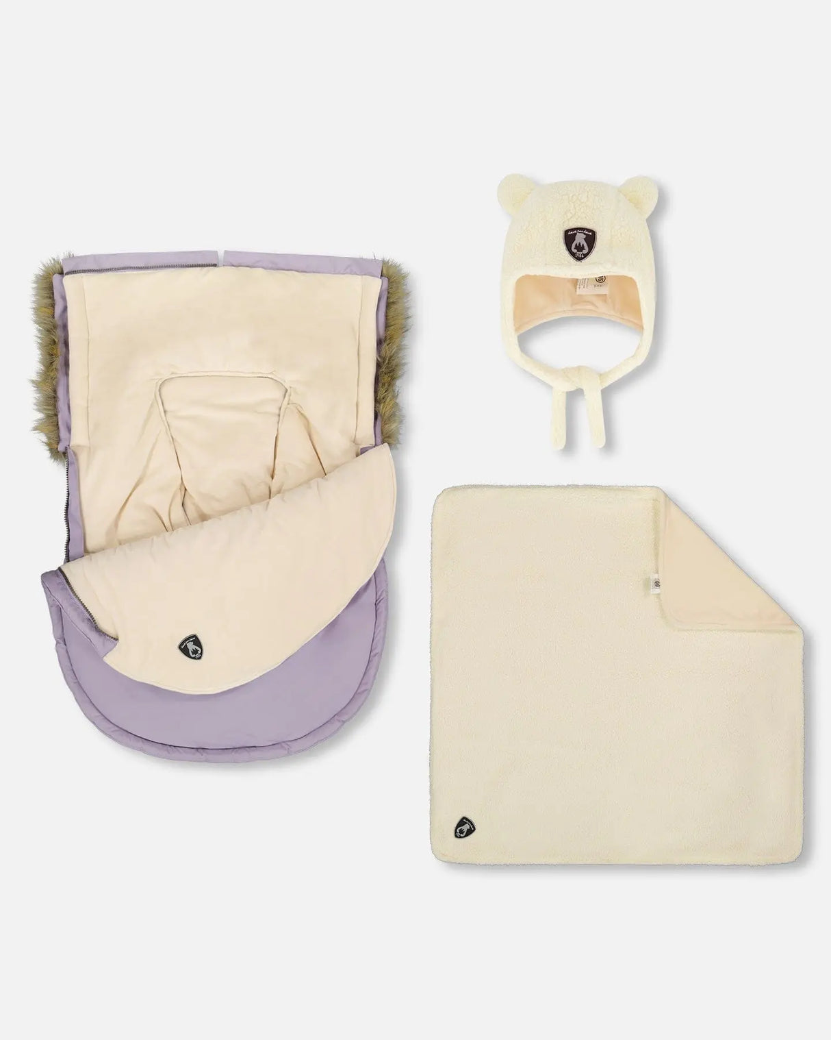 Infant footmuff 0–9 months installed on car seat, purple gray, full-length side zipper open