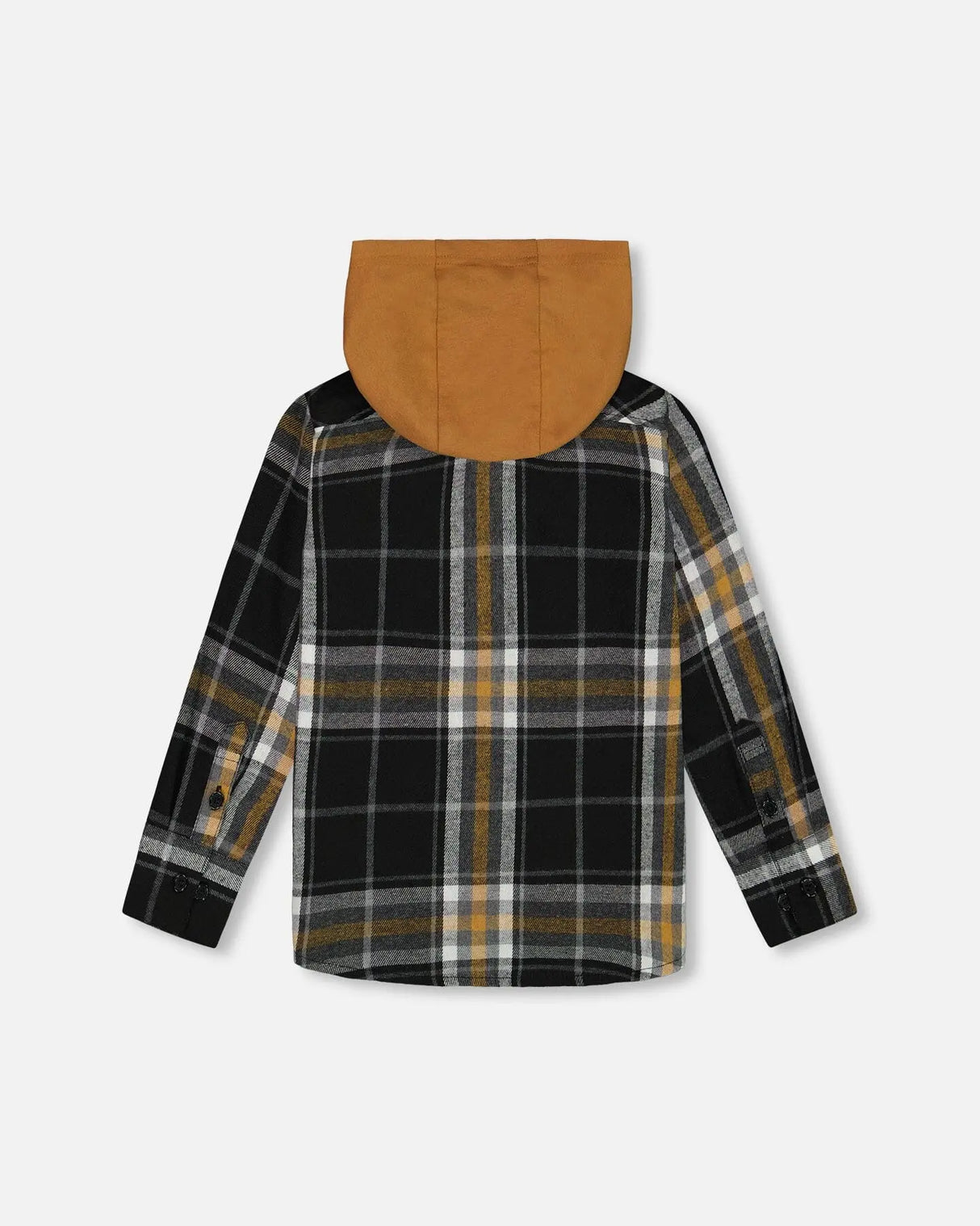 Button Down Flannel Shirt With Hood Plaid Black And Caramel | Deux par Deux | Jenni Kidz