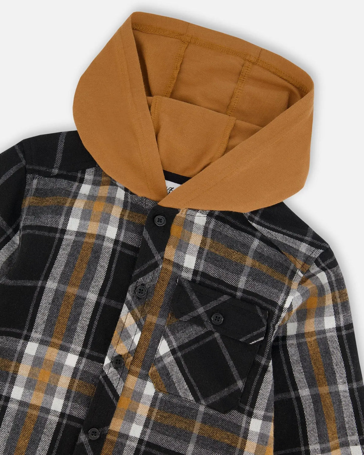 Button Down Flannel Shirt With Hood Plaid Black And Caramel | Deux par Deux | Jenni Kidz
