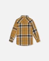 Button Down Flannel Shirt With Pocket Plaid Golden Yellow And Gray | Deux par Deux | Jenni Kidz
