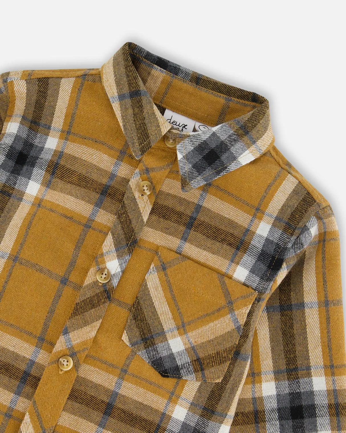 Button Down Flannel Shirt With Pocket Plaid Golden Yellow And Gray | Deux par Deux | Jenni Kidz