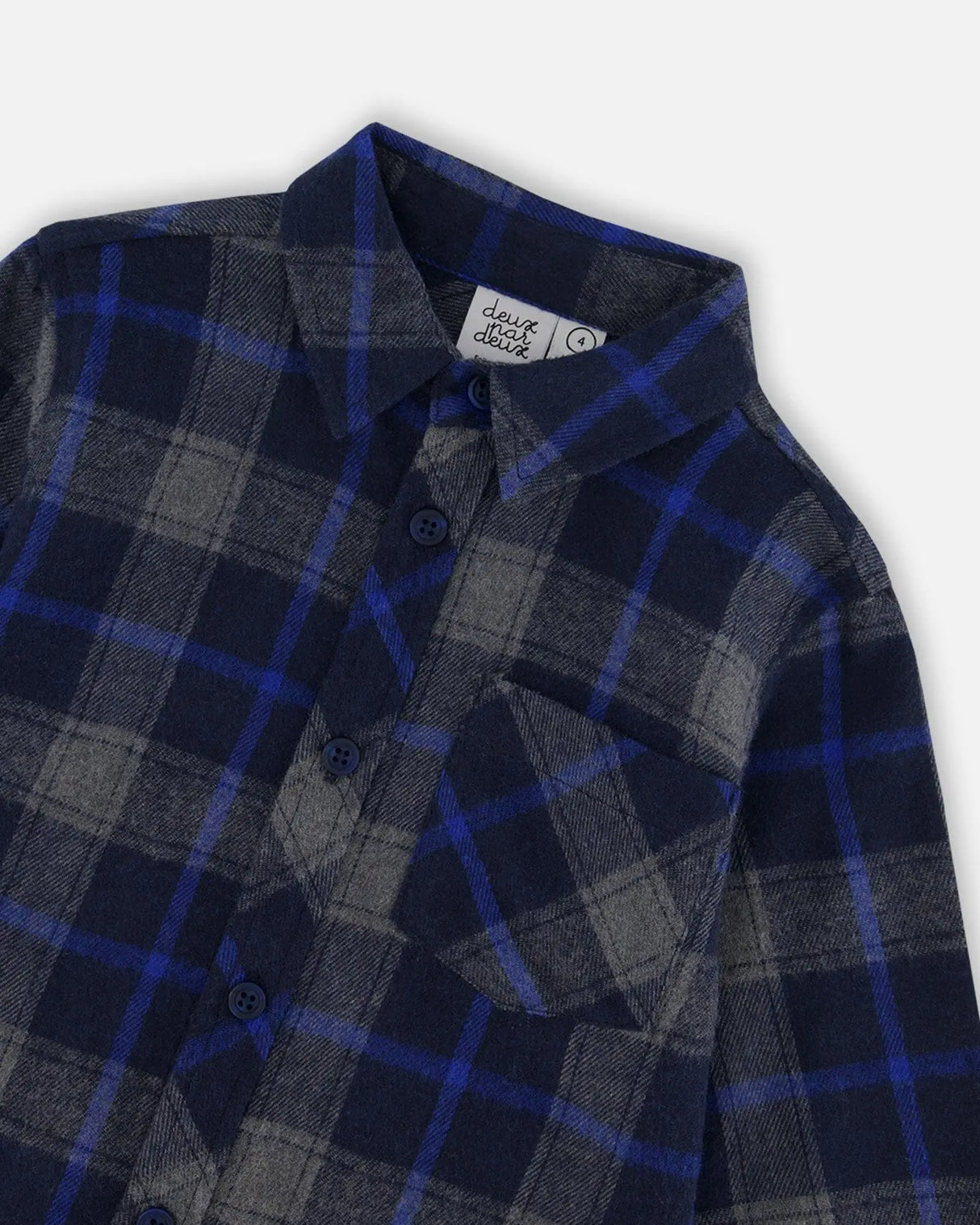Button Down Flannel Shirt With Pocket Plaid Navy And Gray | Deux par Deux | Jenni Kidz