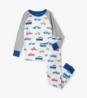 Hatley boys Cars Raglan organic cotton pajama set in White/Gray with navy trim and matching pants.