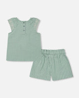 Chambray Blouse And Short Set Mint Green Striped | Deux par Deux | Jenni Kidz