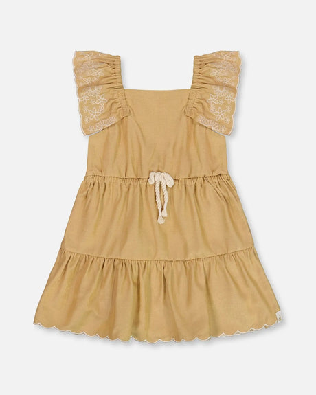 Chambray Dress With Embroidery Golden Beige | Deux par Deux | Jenni Kidz