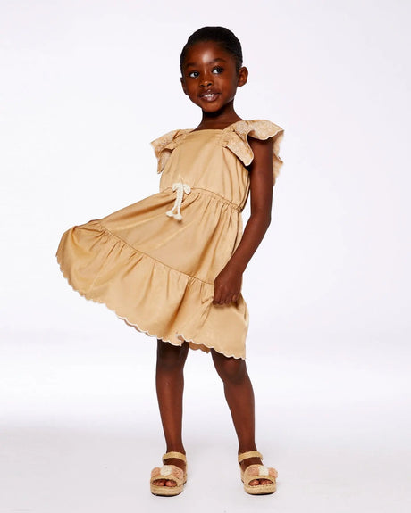 Chambray Dress With Embroidery Golden Beige | Deux par Deux | Jenni Kidz