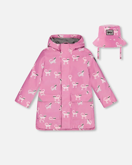 Changing Color Rain Coat And Hat Set Pink Printed Sunglasses Cats | Deux par Deux | Jenni Kidz