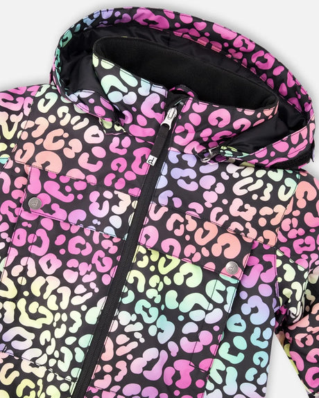 Close-up of PrimaLoft® insulated hood on Deux par Deux rainbow leopard snowsuit