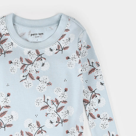 Close-up of hydrangea floral print on organic cotton kids pajamas