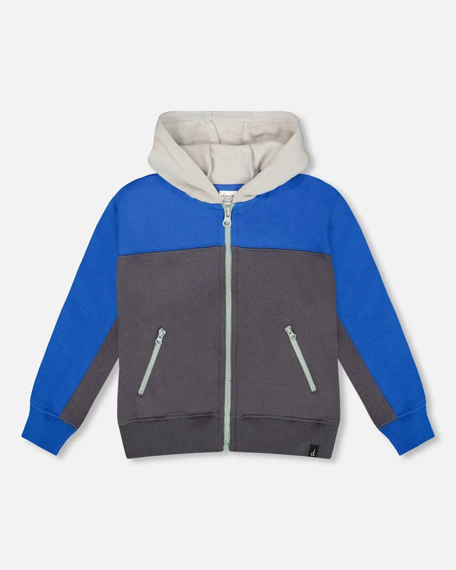 Color Blocked Zip Front Fleece Hoodie Dark Gray | Deux par Deux | Jenni Kidz