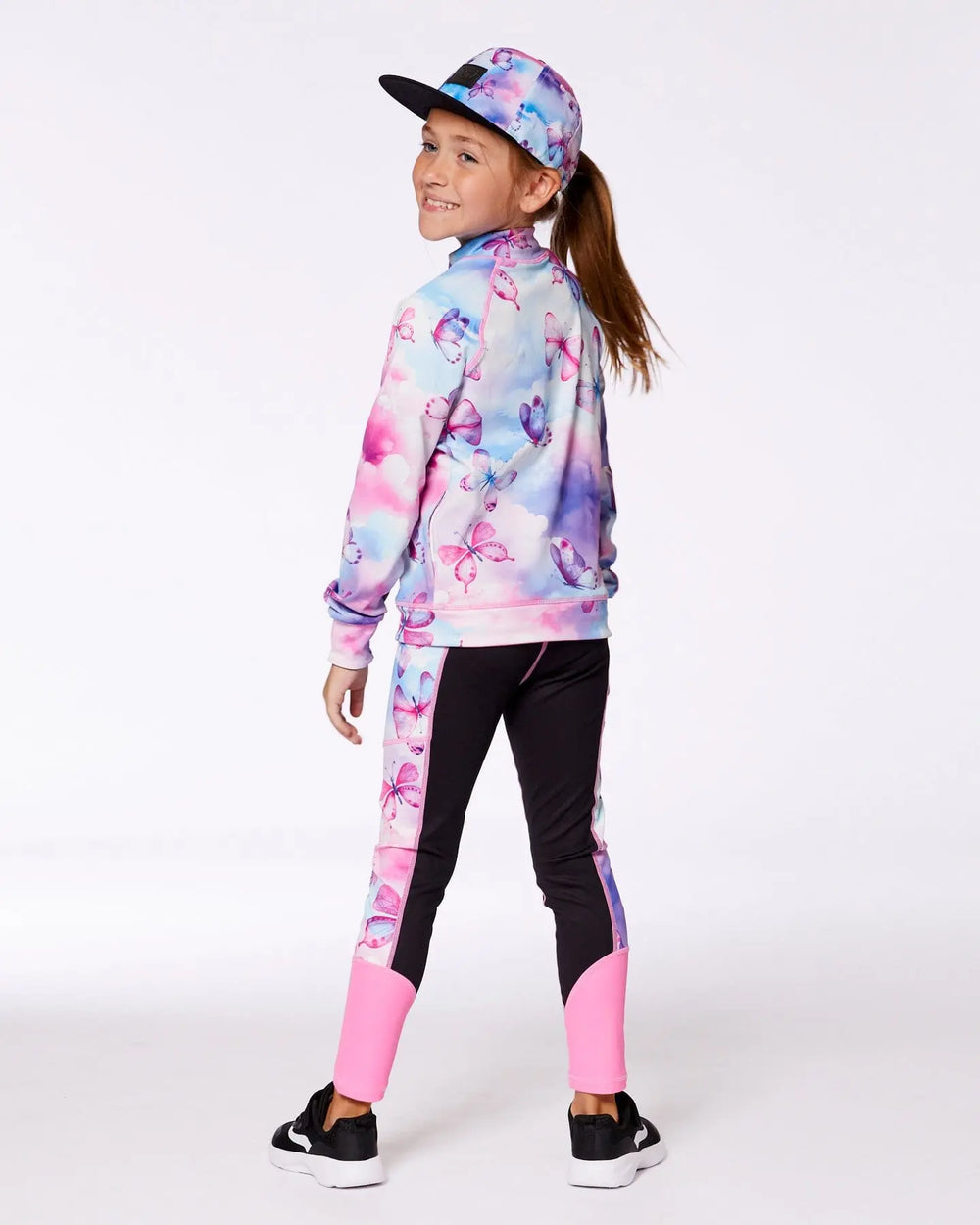 Colorblock Athletic Leggings Black And Multicolored Butterflies | Deux par Deux | Jenni Kidz