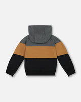 Colorblock Hooded Fleece Sweatshirt Dark Gray, Caramel And Black | Deux par Deux | Jenni Kidz