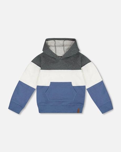 Colorblock Hooded Fleece Sweatshirt Gray, White And Blue | Deux par Deux | Jenni Kidz