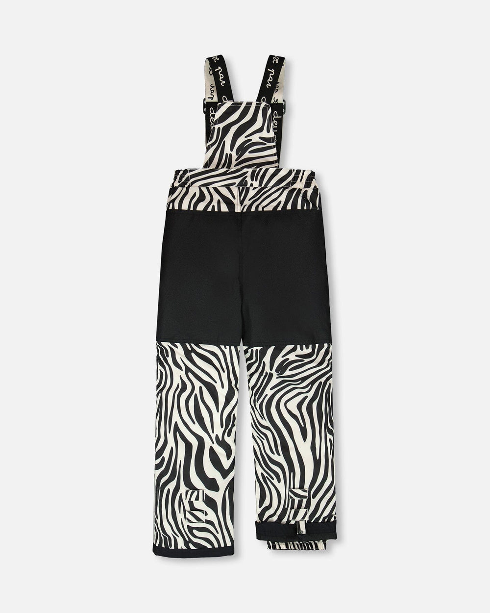 Cordura® reinforced knees on zebra bib pants, internal snow gaiters