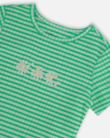 Crinkle Jersey Top With Flower Applique Vichy Green | Deux par Deux | Jenni Kidz