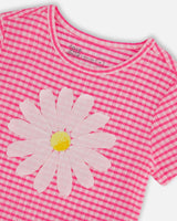 Crinkle Jersey Top With Flower Applique Vichy Pink | Deux par Deux | Jenni Kidz