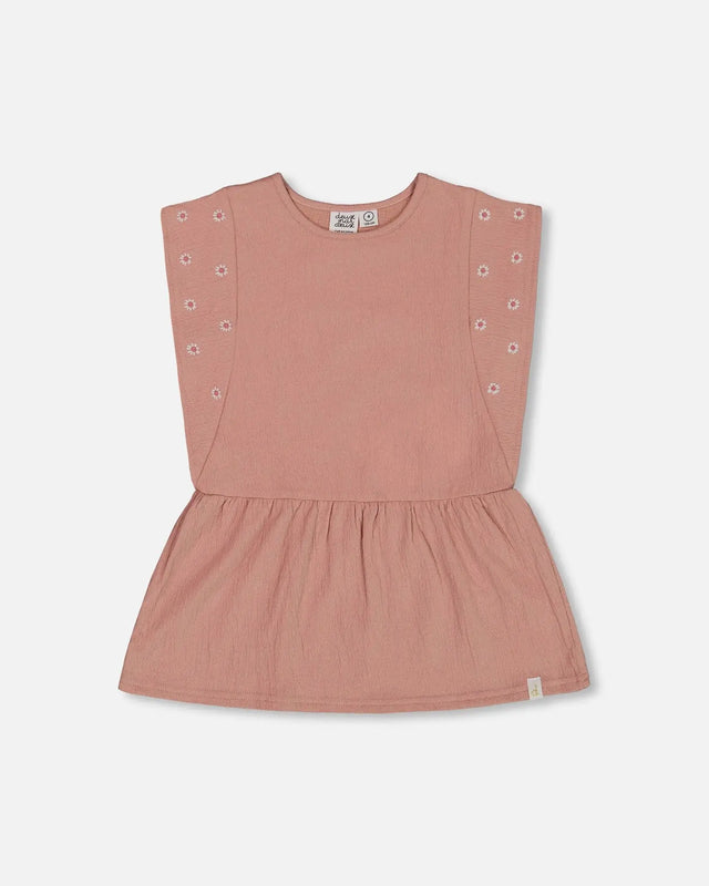 Crinkle Jersey Tunic With Embroidery Dark Old Pink | Deux par Deux | Jenni Kidz