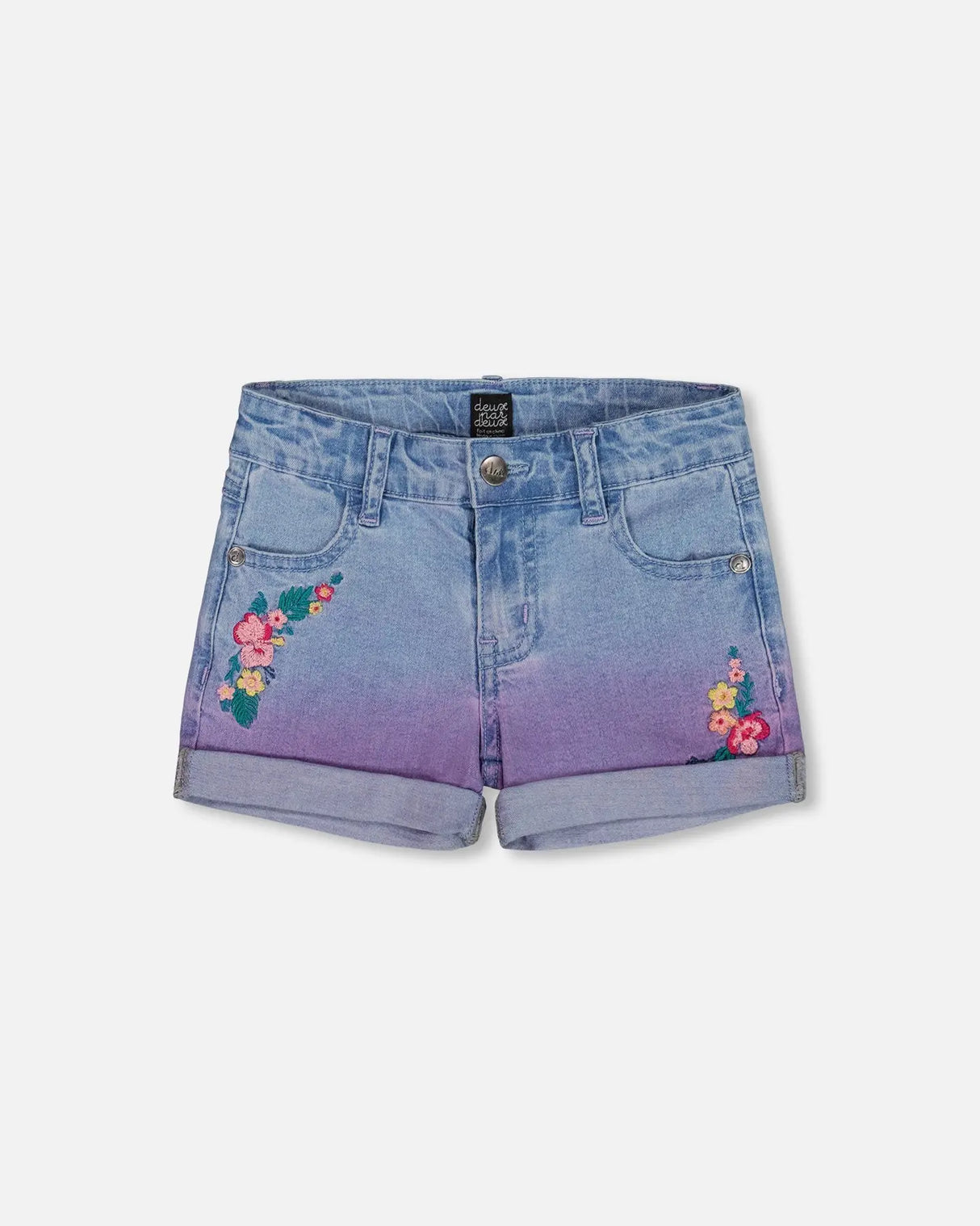 Cuffed Denim Shorts With Embroidery Floral Jeans Blue | Deux par Deux | Jenni Kidz