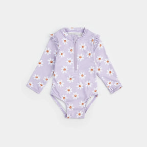 Lavender long-sleeve Petit Lem baby girl one-piece swimsuit with daisy print laid flat