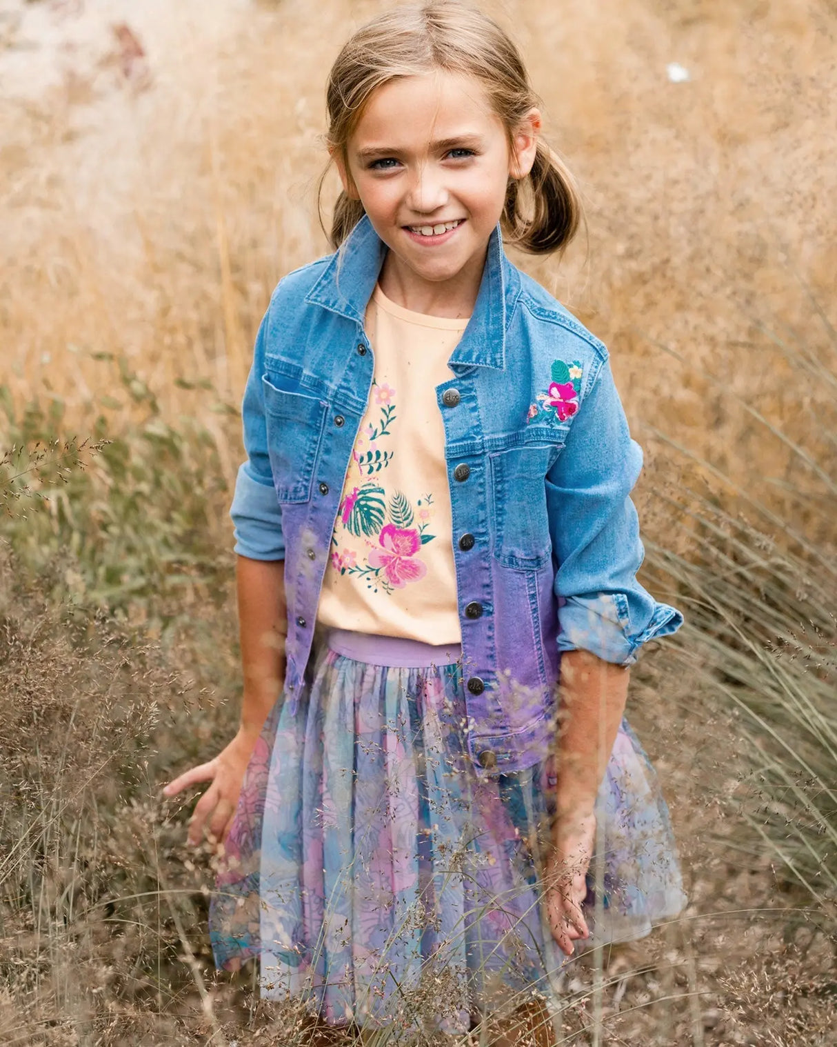 Denim Jacket With Embroidery Floral Jeans Blue | Deux par Deux | Jenni Kidz