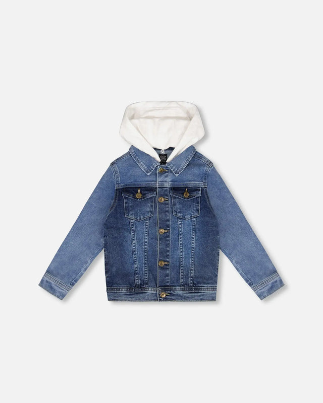 Denim Jacket With French Terry Hood White And Denim Blue | Deux par Deux | Jenni Kidz