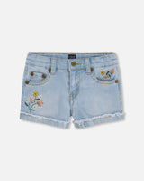 Denim Short With Embroidery Light Blue Denim | Deux par Deux | Jenni Kidz