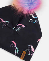 Detachable Pompom Hat Black Printed Multicolor Unicorns | Deux par Deux | Jenni Kidz