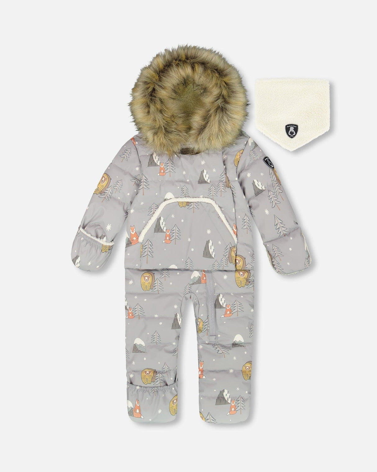 Deux par Deux baby boys one-piece snowsuit in gray bear print, car-seat safe, insulated and waterproof for winter