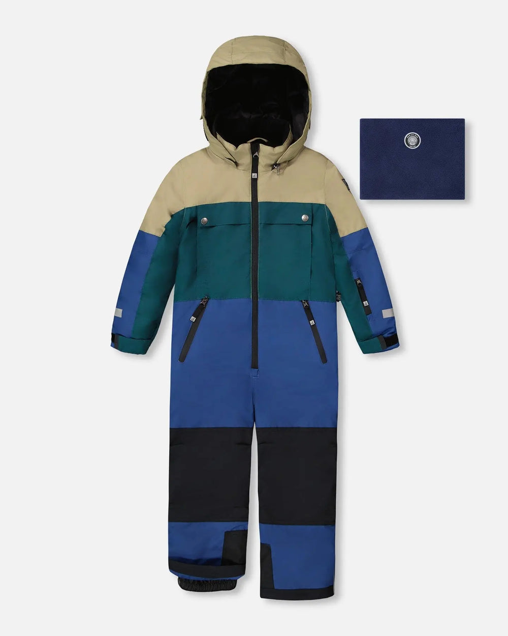 Deux par Deux one-piece Teknik snowsuit colorblocked navy blue – front view PrimaLoft