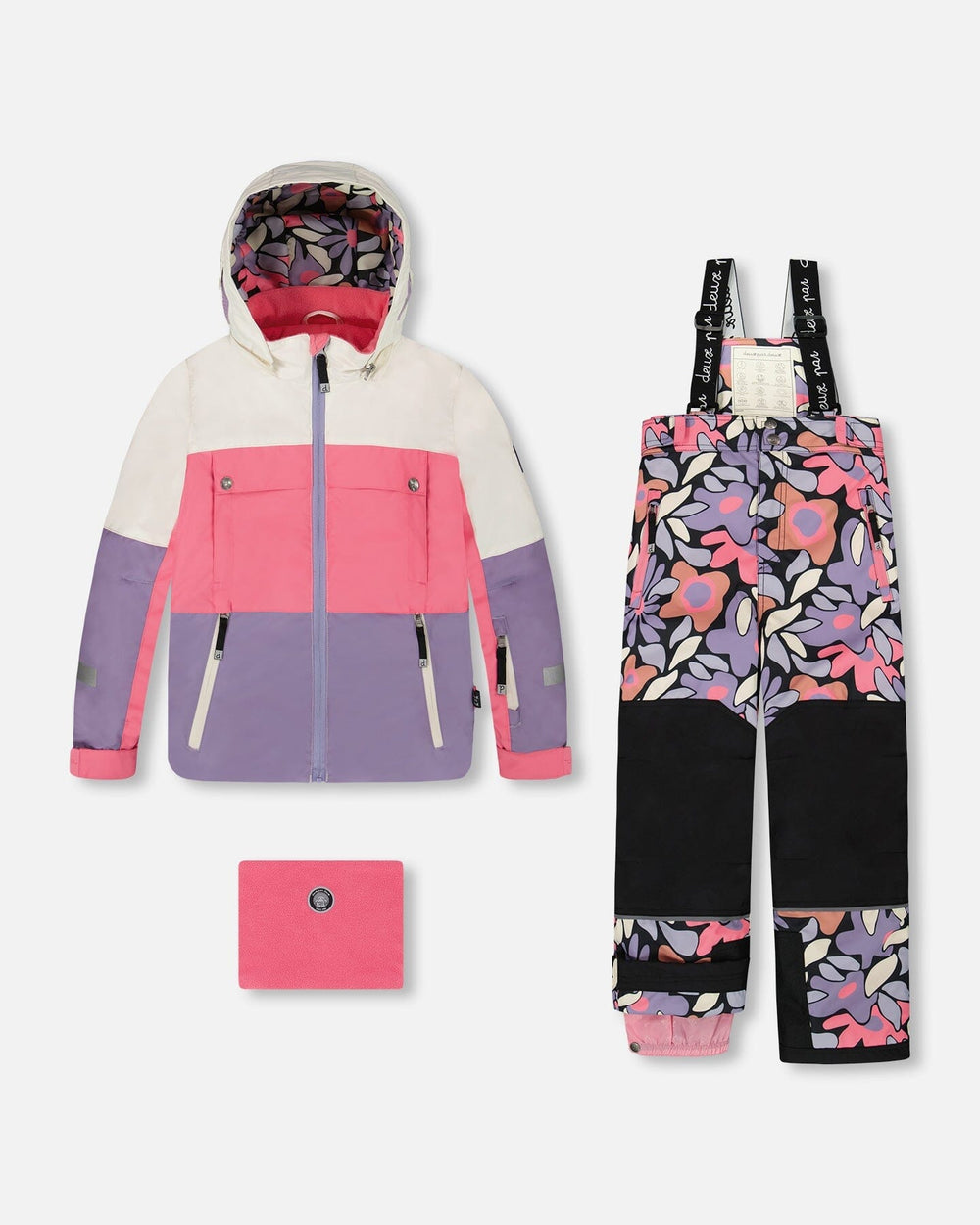 Deux par Deux two-piece Teknik snowsuit colorblock jacket with black retro flower bib pants – front flat lay