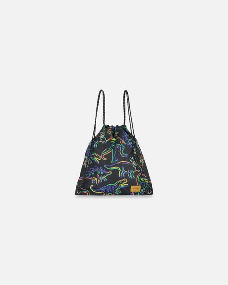 Drawstring Bag Black Printed Neon Dino | Deux par Deux | Jenni Kidz