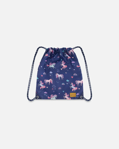 Drawstring Bag Navy Unicorn Print | Deux par Deux | Jenni Kidz