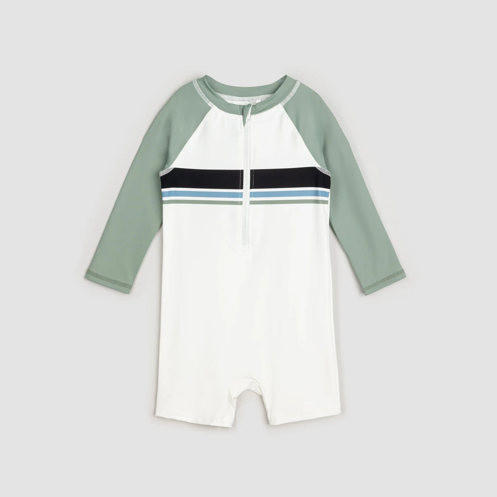 Dusty Green Color Block Long-Sleeved Swim Romper | Miles The Label | Miles The Label | Jenni Kidz